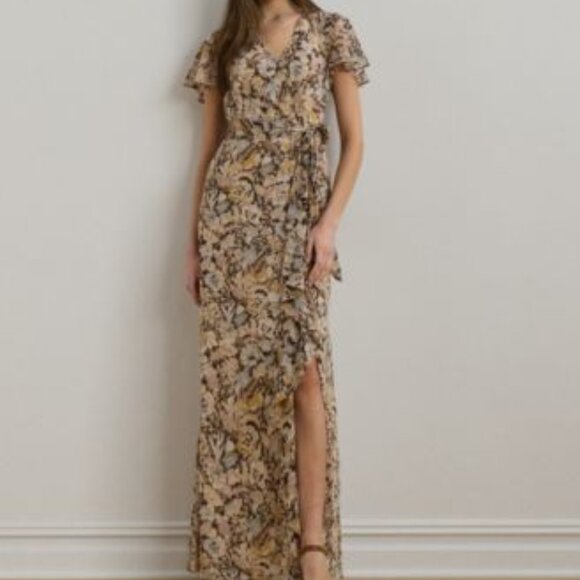Lauren Ralph Lauren Dresses & Skirts - Lauren Ralph Lauren Womens Floral Belted Flutter Dress Broun Size 6 NEW